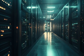 Fototapeta premium Network servers in data room Domestic Room. 3D rendering. Computer digital background with generative ai