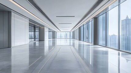 Modern Office Corridor with Floor-to-Ceiling Windows and City Views