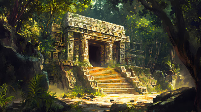 Forest mayan style ancient culture. mayan civilization forest cave. concept art illustration painting of a beautiful ancient temple in the jungle. Aztec Civilization. Illustration