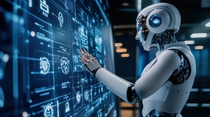 Robot cyborg doing presentation at high tech conference.