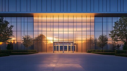 Fototapeta premium Modern building entrance with glass facade and sunset reflection