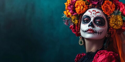Portrait of a woman dressed as Mexican Catrina for Día de los Muertos, Day of the dead celebration, against dark background with copy space.