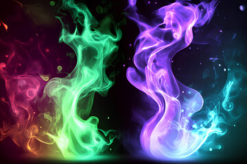 Abstract colorful smoke swirls in green and purple against a dark background.