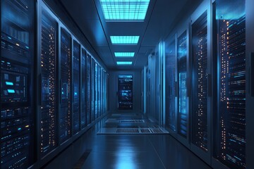 Naklejka premium Network servers in data room Domestic Room. 3D rendering. Computer digital background with generative ai