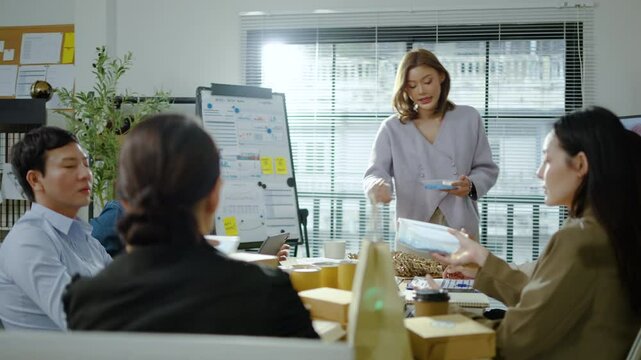 Creative Office Team Meeting , discussion reusable product, implementing environmental protection for clean and sustainable future ecology, warming social issues project, ESG social governance ideas