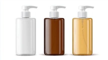 set of plastic cosmetic bottle with dispenser pump isolated on white background