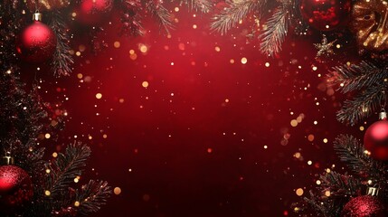 A close-up of red Christmas ornaments hanging from a pine branch with shimmering bokeh lights in a cozy, festive luxury background.