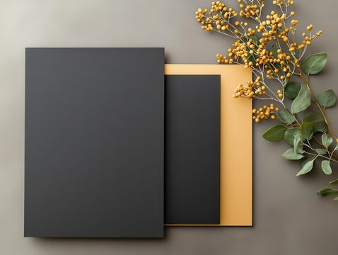 Smooth black and gold invitation stationery set on a velvet surface, stationery, luxury invitations