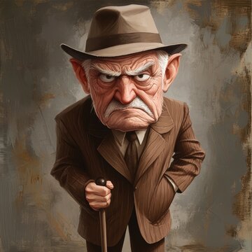 Angry Old Man in Hat and Suit with Cane
