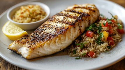 A high-resolution image of a deliciously grilled fish steak with crispy skin, served with a side of quinoa salad and a wedge of lemon on a white plate.