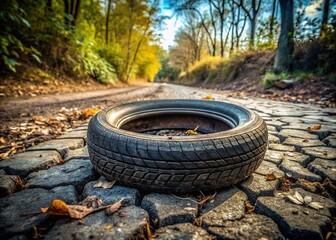 A worn tire lies discarded on cracked asphalt, its deep grooves and worn tread surrounded by dry underbrush and sparse foliage.