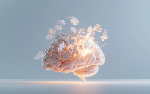 A brain bursting apart into glowing puzzle pieces, symbolizing the complexity of the mind and cognitive breakthroughs
