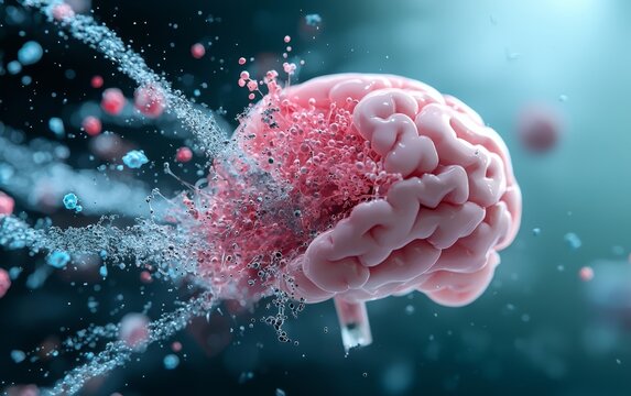 A brain breaking apart into molecular structures, symbolizing the scientific dissection of thought and the biology of consciousness