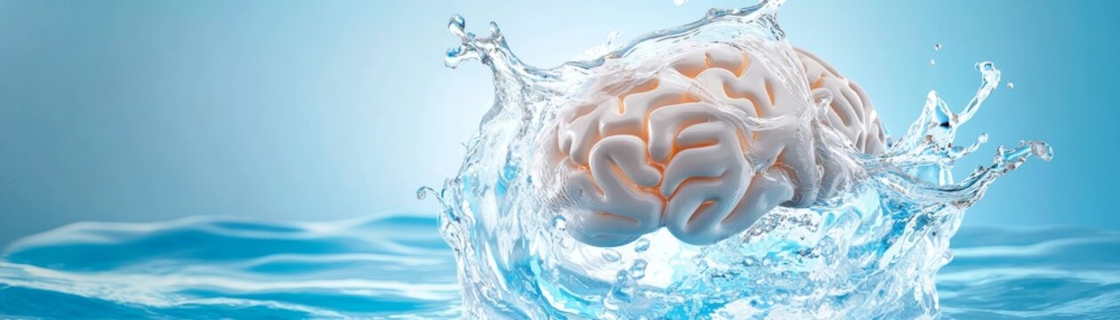 A brain bursting into liquid waves of water, rippling outward, representing emotional release or the flow of ideas