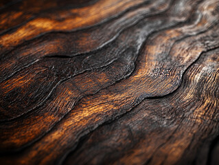 Fototapeta premium Close-up of textured wooden surface with dark, wavy organic patterns and rich brown tones, highly detailed weathered wood grain background for design, rustic wood art texture, natural abstract wooden 