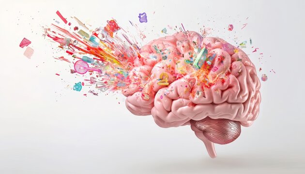 A brain exploding into a swarm of abstract shapes and symbols, representing the release of ideas, innovation, and imagination