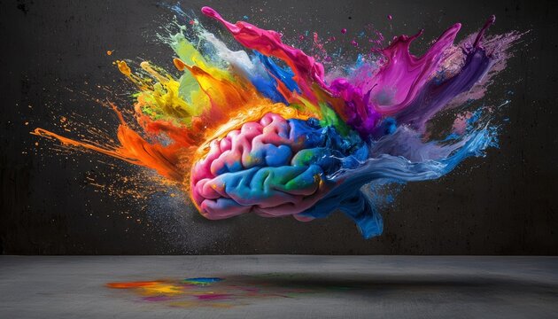 A brain exploding into a cloud of vibrant paint splashes, with colors representing different emotions and thoughts