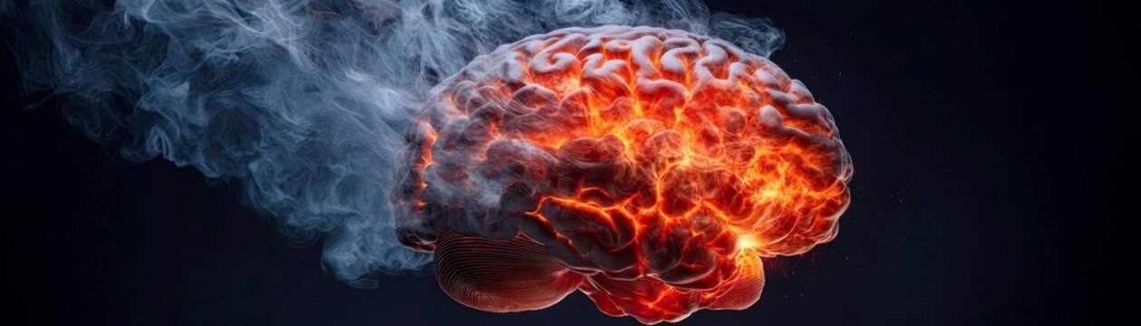 A brain exploding into flames, with fiery tendrils representing the intensity of passion, thought, or mental overload
