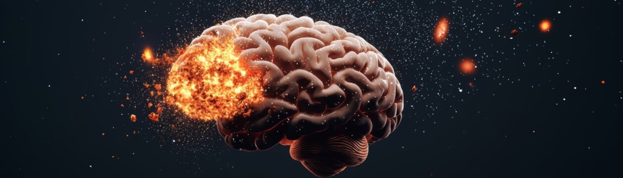 A brain in the process of exploding into intricate fractals, with pieces transforming into galaxies and stars