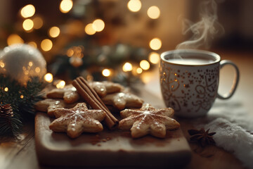 Christmas star cookies are steaming on a wooden board with a steaming mug and a decorated christmas tree with lights in the background