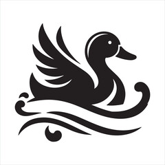 A duck swimming in water logo icon silhouette on white background
