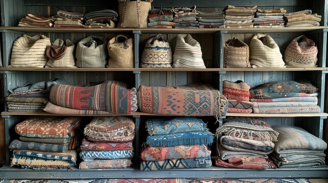 Secondhand Sale Table Featuring Bags and Used Woollen Blankets on a Shelf, Offering a Variety of Unique Items for Budget-Conscious Shoppers, Ideal for Cozy Home Decor