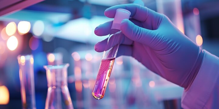 Human hand in glove holding flask bottle in modern labaratory, close-up photo
