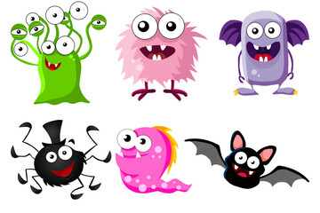 Set of Cute cartoon monsters. Comic Halloween joyful monster characters Vector Illustration.