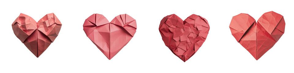 A collection of origami hearts showcasing different textures and shades of red, perfect for love-themed designs. transparent background