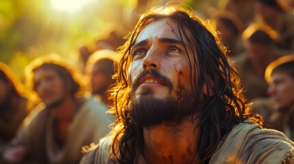 Obraz premium Jesus in deep prayer, tears streaming down his face as he looks up towards the heavens, with the disciples curled up in peaceful sleep nearby, the garden enveloped in soft light and shadows,