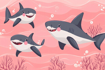 Three cartoon sharks swimming in a pink ocean with coral and bubbles.