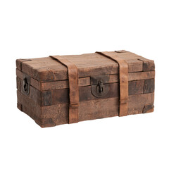 A rustic wooden box with leather straps, perfect for storage or as a decorative item in any vintage setting. transparent background