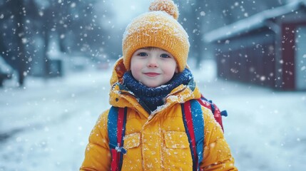 Children Walking to School in the Snow during Winter.