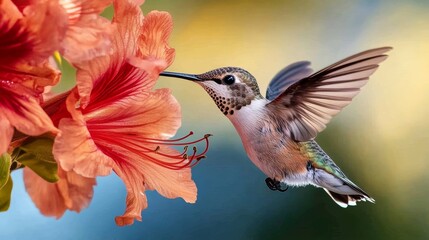Fototapeta premium A vibrant hummingbird hovering near a colorful flower, capturing the beauty of nature in motion.