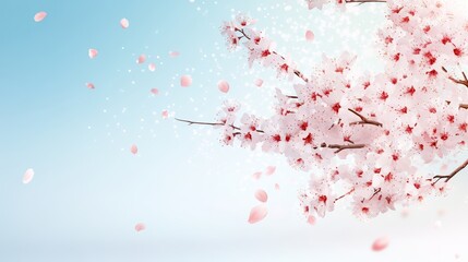 Delicate cherry blossom branches with soft petals falling against a serene blue background, capturing the essence of spring.