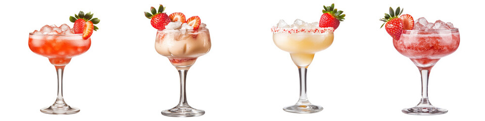 A vibrant collection of four colorful cocktails served in elegant glasses, perfect for summer parties and celebrations. transparent background