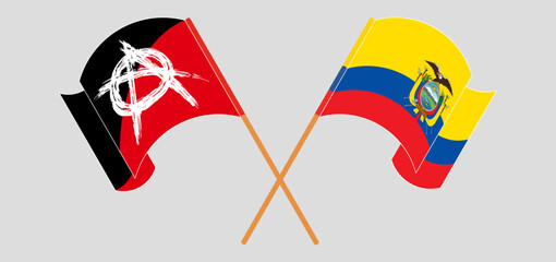 Crossed and waving flags of Anarchy and Republic of Ecuador. Vector illustration