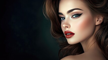 Fototapeta premium A high-resolution portrait of a woman with elegant makeup and styled hair, exuding confidence and beauty in a professional setting.