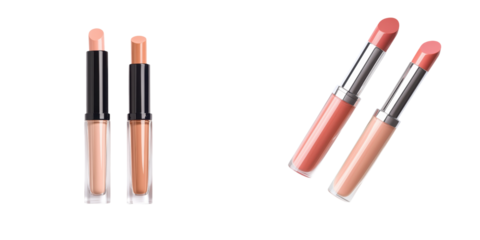 Close-up of stylish lipsticks showcasing various nude shades for a trendy makeup look. transparent background