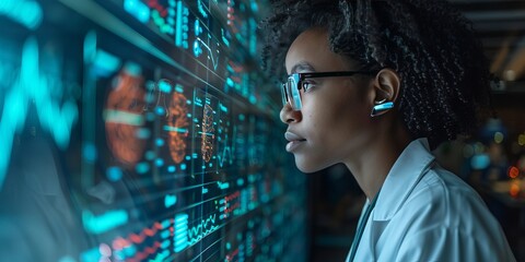 Doctor analyzing digital medical data on a futuristic interface, representing advanced healthcare technology and data-driven diagnostics