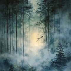 Fototapeta premium Misty Forest Watercolor Painting Tranquil Nature Scene