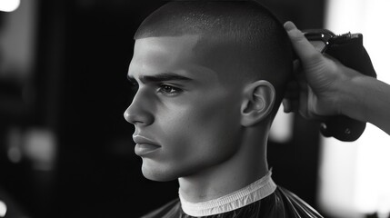 A man with a buzz cut hairstyle, sitting in a barber chair, with the barber using clippers to perfect the minimalist, clean look.