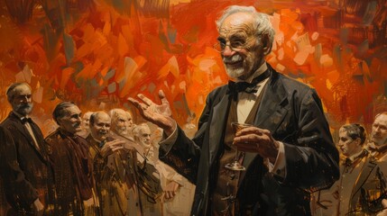 Obraz premium Elegant Man in a Black Suit with a Glass of Wine Surrounded by Friends in a Painting