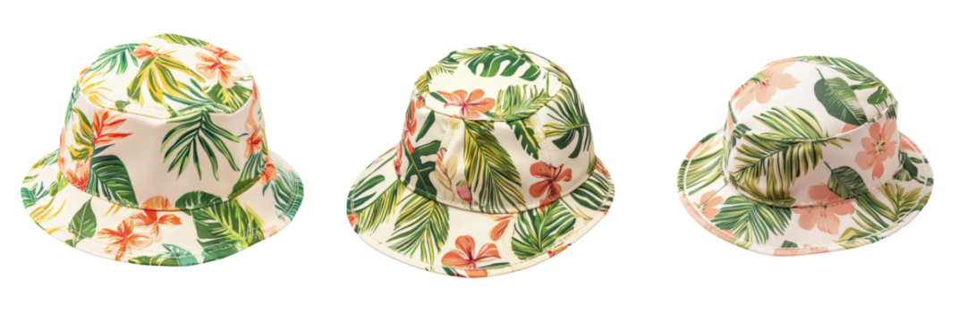 Colorful tropical bucket hats with vibrant floral patterns, perfect for summer outings and beach vacations. transparent background