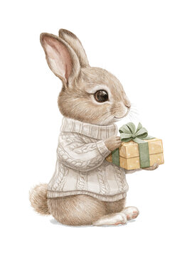 Watercolor Christmas vintage cute little rabbit bunny in sweater clothes holds gift box with present isolated on white background. Hand drawn illustration sketch
