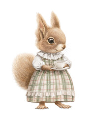Obraz premium Watercolor vintage girl squirrel in green dress with checkered pattern clothes stand and holding porcelain tea cup isolated on white background. Hand drawn illustration sketch