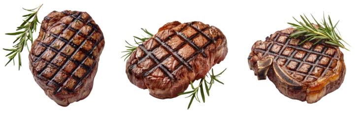 Deliciously grilled steaks with perfect char marks and fresh rosemary, ideal for culinary presentations and food photography. transparent background