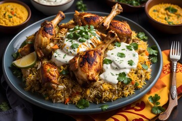 Fototapeta premium Chicken Thigh and Rice Biryani with Green Peas