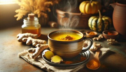 Fototapeta premium a steaming mug of turmeric latte on a rustic table. Surrounding the mug are ingredients and items associated with the beverage, including fresh turmeric root, a bowl of powdered spice, and an orange 