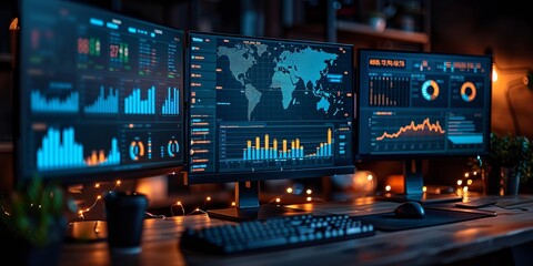 Multiple computer screens displaying global data analytics, charts, and graphs in a dimly lit office,